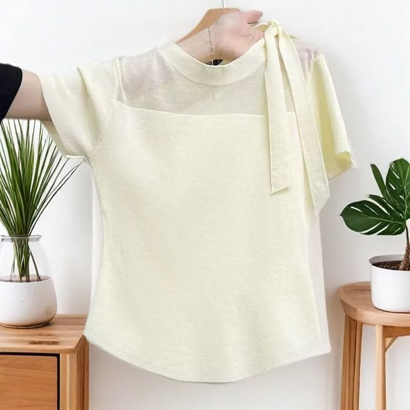Summer Sweater Short Sleeve Korean Fashion Lace Up Bow Tee Top Casual Slim O Neck Thin Lightweight Female Pullover Clothing
Summer Sweater Short Sleeve Korean Fashion Lace Up Bow Tee Top Casual Slim O Neck Thin Lightweight Female Pullover Clothing