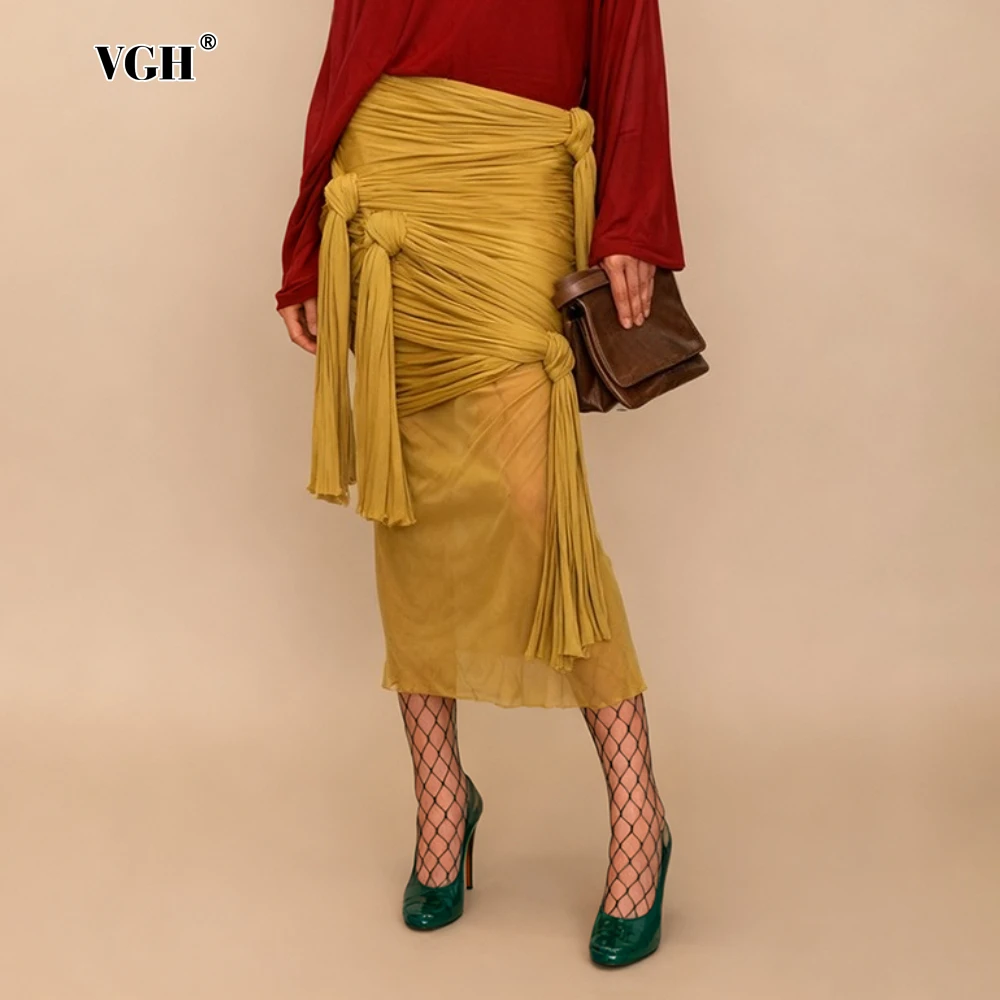 VGH Sexy Yellow Color Bodycon Midi Length Skirts for Women High Waist Spliced Bandage Folds See Through Skirt Female Autumn New
VGH Sexy Yellow Color Bodycon Midi Length Skirts for Women High Waist Spliced Bandage Folds See Through Skirt Female Autumn New