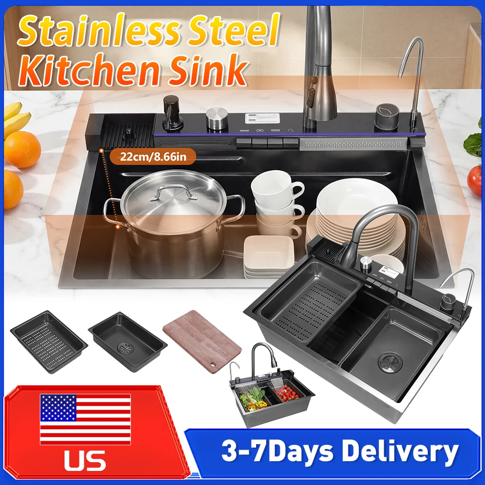 Countertop Smart Kitchen Sink Flying Rain Waterfall with Pull-Out Swivel Faucet Pressurized Cup Washer Stainless Drain Basket
Countertop Smart Kitchen Sink Flying Rain Waterfall with Pull-Out Swivel Faucet Pressurized Cup Washer Stainless Drain Basket 