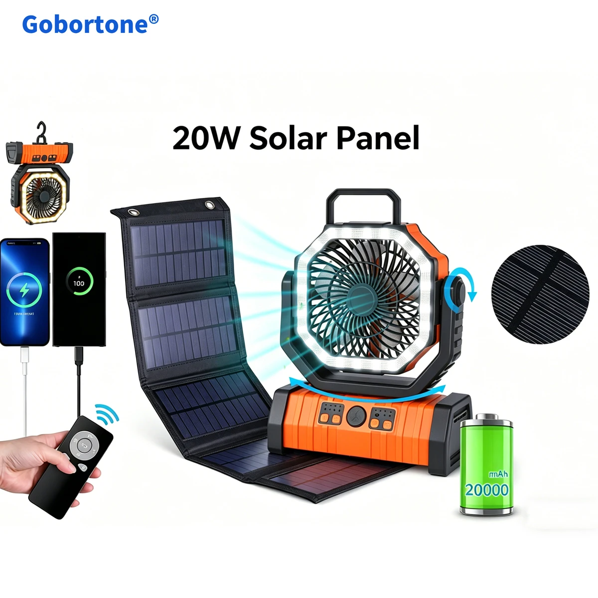 Gobortone 20W Waterproof Foldable Solar panel charge Fast 20000mAh Portable Rechargeable Camping fan 3 LED Lantern 4 Speed
Gobortone 20W Waterproof Foldable Solar panel charge Fast 20000mAh Portable Rechargeable Camping fan 3 LED Lantern 4 Speed