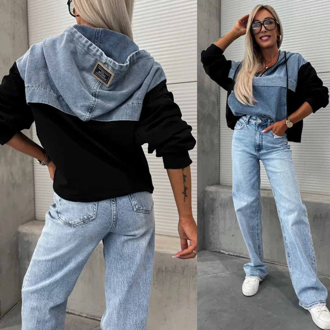 25Th Year Fashionable Loose Casual Washed Denim Patchwork Hooded Women's Hoodie 805
25Th Year Fashionable Loose Casual Washed Denim Patchwork Hooded Women's Hoodie 805