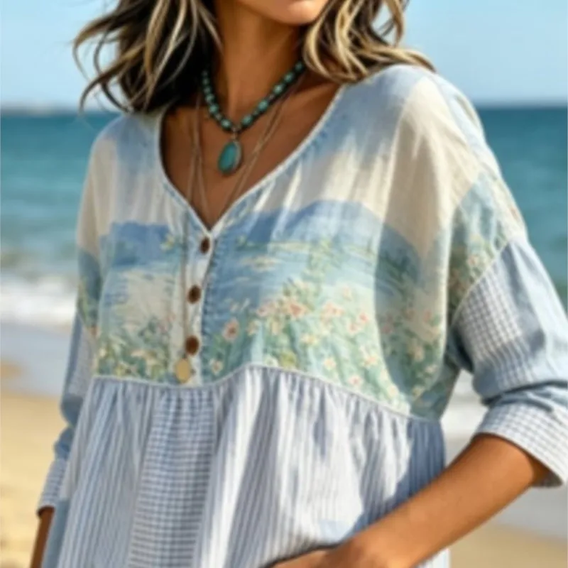 Women's Blue Landscape Print Patchwork V Neck Button Long Sleeve Gingham Striped Boho Casual Loose Fit Daily Blouse
Women's Blue Landscape Print Patchwork V Neck Button Long Sleeve Gingham Striped Boho Casual Loose Fit Daily Blouse