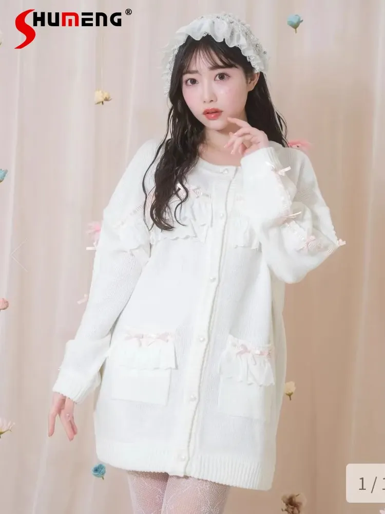 Japanese Style Sweet Cute Round Neck Long Sleeve Lace Splicing Bow Single-breasted Knitted Cardigans Long Sweaters Women Spring
Japanese Style Sweet Cute Round Neck Long Sleeve Lace Splicing Bow Single-breasted Knitted Cardigans Long Sweaters Women Spring