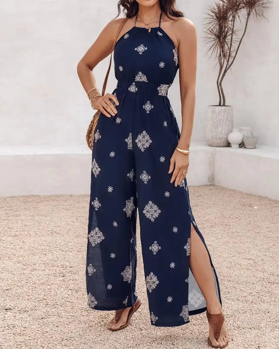 Women Halter Jumpsuit Spring Summer Blue Floral Print Elastic Waist Wide Leg Pants With Side Slits Casual Beach Vacation Romper
Women Halter Jumpsuit Spring Summer Blue Floral Print Elastic Waist Wide Leg Pants With Side Slits Casual Beach Vacation Romper