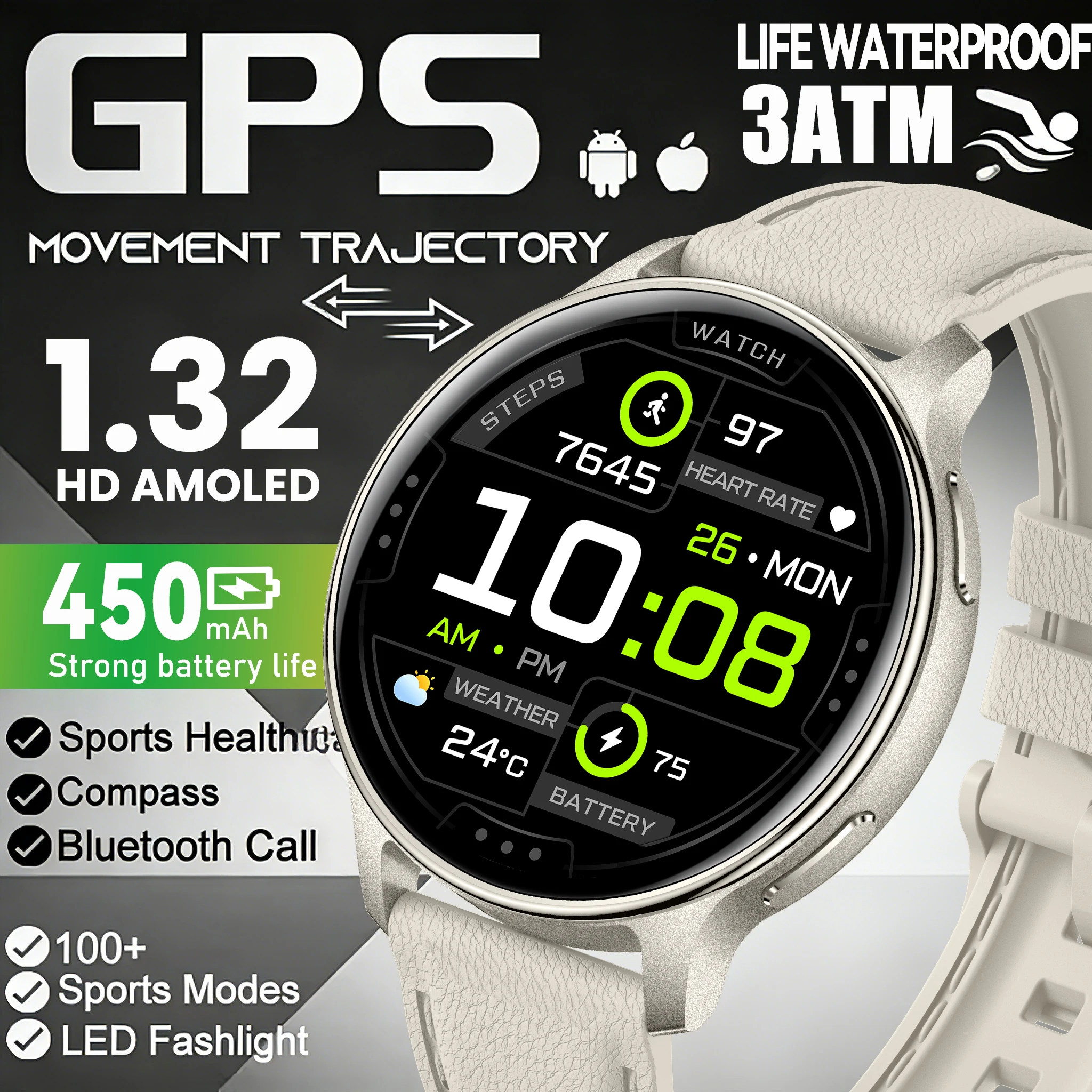 GPS Smart Watch Men Women 1.32" AMOLED Compass Altitude Air Pressure 100+ Sports Mode 3ATM Waterproof Health Monitor 30 Days Ult
GPS Smart Watch Men Women 1.32" AMOLED Compass Altitude Air Pressure 100+ Sports Mode 3ATM Waterproof Health Monitor 30 Days Ult