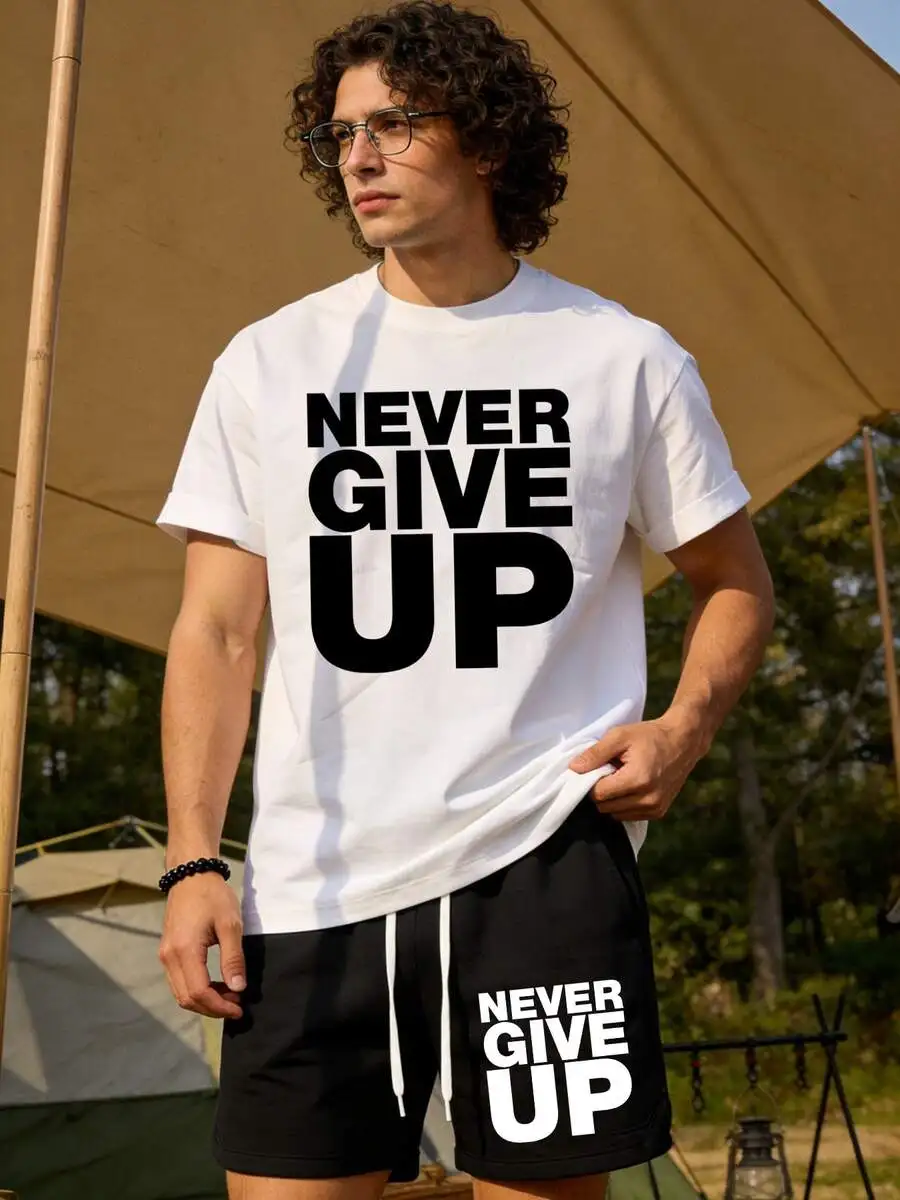 Mens Never Give Up Bold Stacked White T-Shirt And Black Shorts Set Casual Two-Piece Outfit
Mens Never Give Up Bold Stacked White T-Shirt And Black Shorts Set Casual Two-Piece Outfit