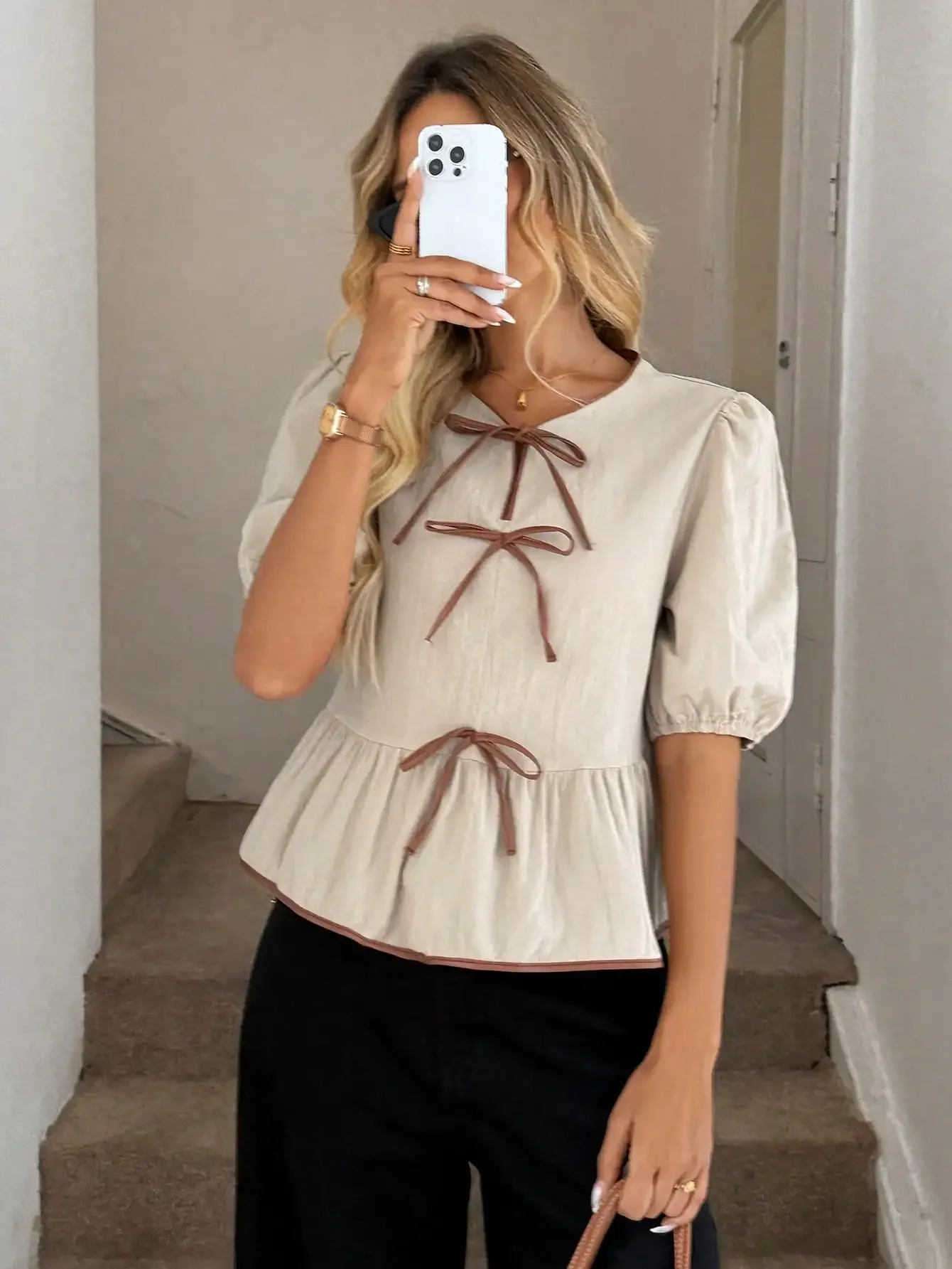 Women's Beige Puff Sleeve Peplum Top with Contrast Bowknot Detail
Women's Beige Puff Sleeve Peplum Top with Contrast Bowknot Detail
