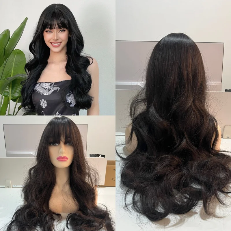 Fashionable natural black wig with bangs, large wavy long curly hair, high-temperature synthetic fiber headpiece
Fashionable natural black wig with bangs, large wavy long curly hair, high-temperature synthetic fiber headpiece