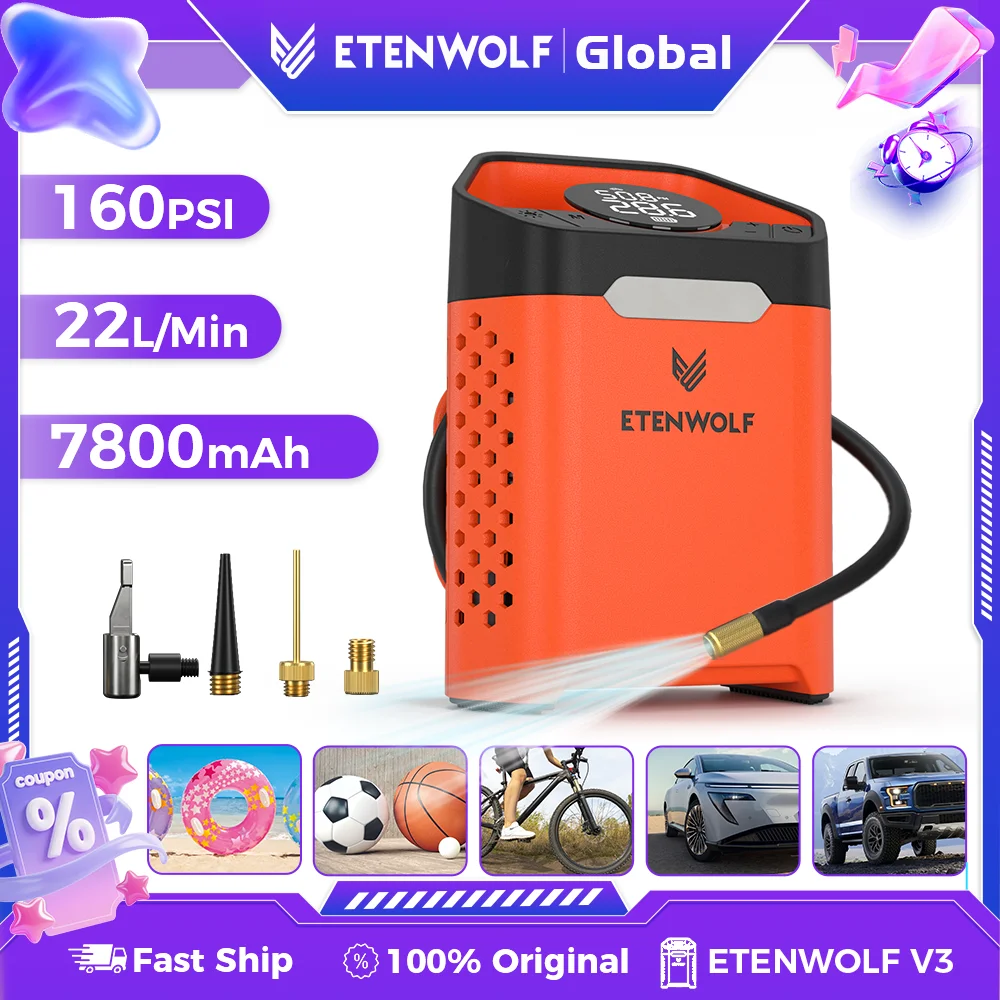 ETENWOLF ZEPHYR V3 Portable Car Compressor 160 PSI 100% Duty Cycle Car Tire Inflator 7800mAh For Cars Motorcycles Bicycles Balls
ETENWOLF ZEPHYR V3 Portable Car Compressor 160 PSI 100% Duty Cycle Car Tire Inflator 7800mAh For Cars Motorcycles Bicycles Balls