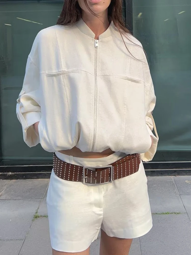 European and American style summer women's clothing new style fashionable and versatile linen blended roll-up sleeve jacket
European and American style summer women's clothing new style fashionable and versatile linen blended roll-up sleeve jacket
