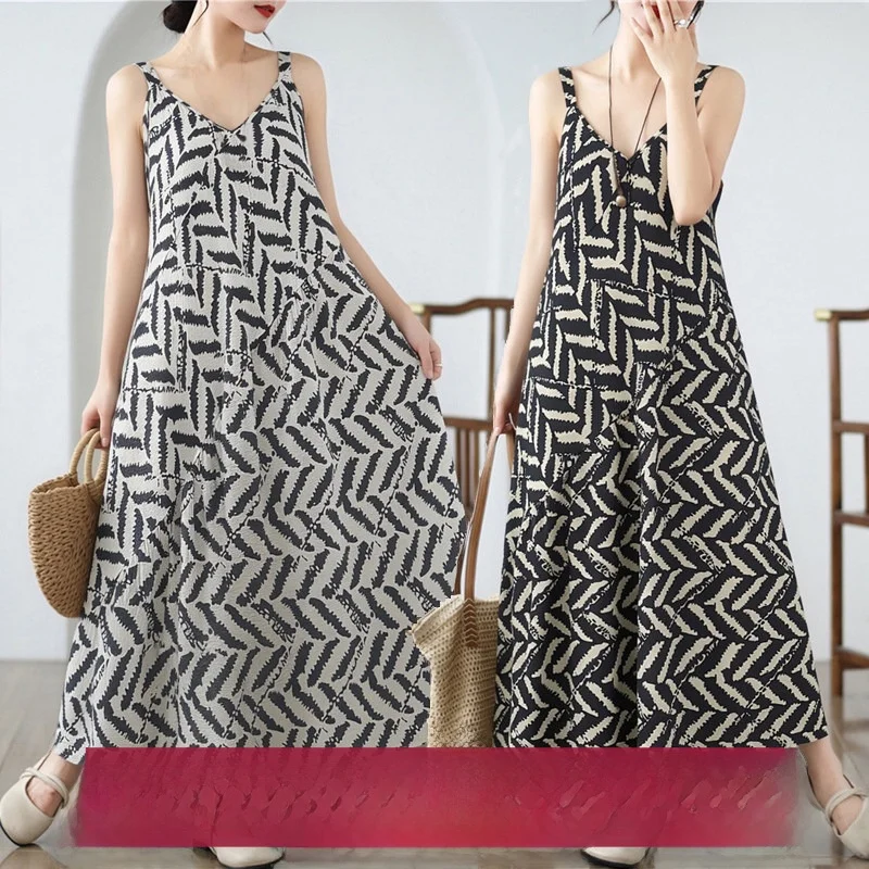 Bohemian Style V-Neck Long Cotton Linen Dress Women's Knee-Length Print Wrap Waist Gown City Walk Breathable A-Line Skirt
Bohemian Style V-Neck Long Cotton Linen Dress Women's Knee-Length Print Wrap Waist Gown City Walk Breathable A-Line Skirt