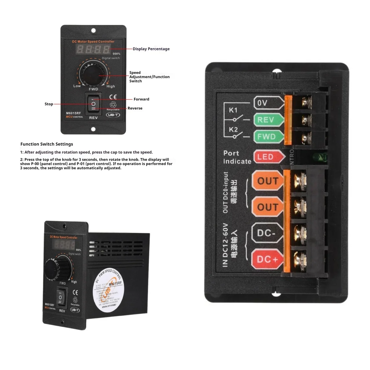 DC12-60V 15A Digital Display PWM Motor Speed Controller 20kHz High Power DC Motor Governor Forward Reverse Electronic Regulator
DC12-60V 15A Digital Display PWM Motor Speed Controller 20kHz High Power DC Motor Governor Forward Reverse Electronic Regulator