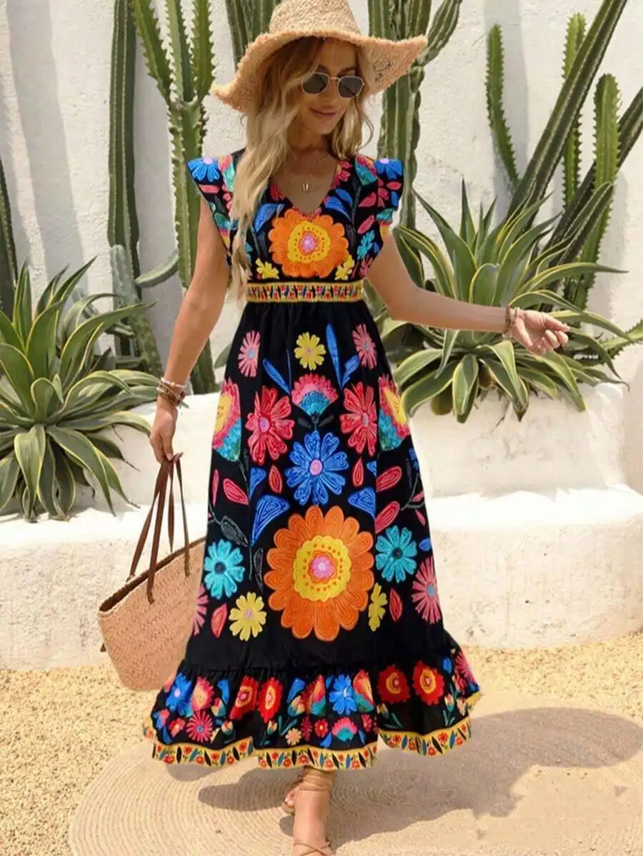 Boho Floral Print V-Neck Maxi Dress With Ruffle Hem And Flounce Sleeves For Women
Boho Floral Print V-Neck Maxi Dress With Ruffle Hem And Flounce Sleeves For Women