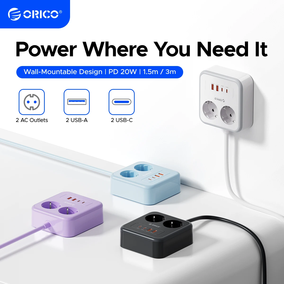 ORICO Desktop Square Power Strip PD20W Fast Charge 1.5M 3M Extension Power Cord Type C USB A Charging Station EU Plug Adapter
ORICO Desktop Square Power Strip PD20W Fast Charge 1.5M 3M Extension Power Cord Type C USB A Charging Station EU Plug Adapter