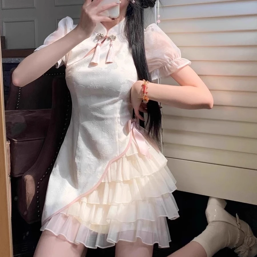 Chinese Style Sweet Mini Dress Women Bow Mesh Patchwork Party Dresses Girls Slim Cheongsam Elegant Casual
Chinese Style Sweet Mini Dress Women Bow Mesh Patchwork Party Dresses Girls Slim Cheongsam Elegant Casual