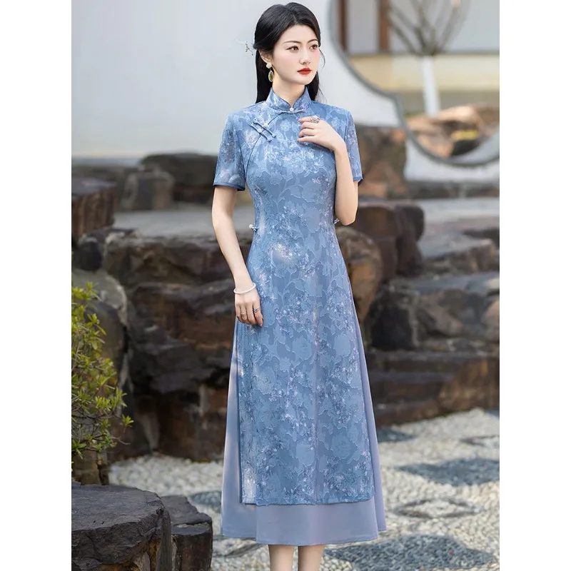 Blue cheongsam dress new solid color thin spring new Chinese style women's light national style spring young style improvement
Blue cheongsam dress new solid color thin spring new Chinese style women's light national style spring young style improvement