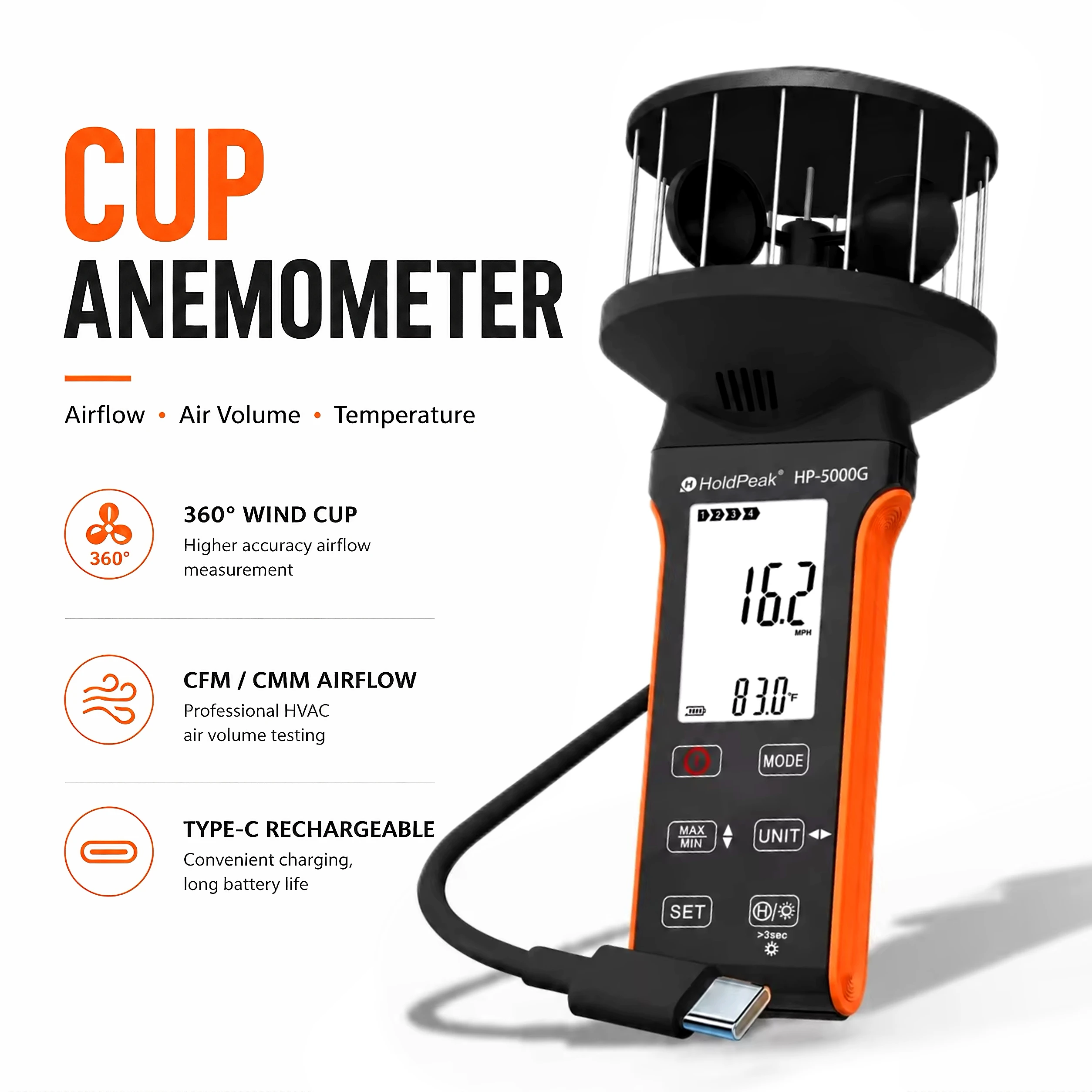 Digital Anemometer Handheld 4 Cups 360° Wind Speed Meter, ±5% High Accuracy Wind Gauge with Temp (℃/℉), MAX/AVG for Shooting
Digital Anemometer Handheld 4 Cups 360° Wind Speed Meter, ±5% High Accuracy Wind Gauge with Temp (℃/℉), MAX/AVG for Shooting