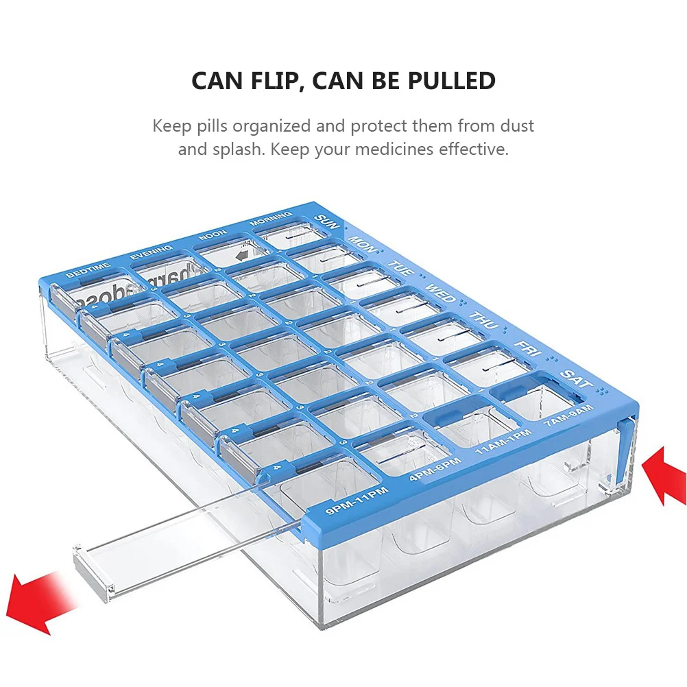 Еженедельный органайзер для таблеток, 28 сеток, портативный футляр для хранения лекарств, дорожный держатель, герметичный пластиковый контейнер, прозрачная коробка для организации
Еженедельный органайзер для таблеток, 28 сеток, портативный футляр для хранения лекарств, дорожный держатель, герметичный пластиковый контейнер, прозрачная коробка для организации