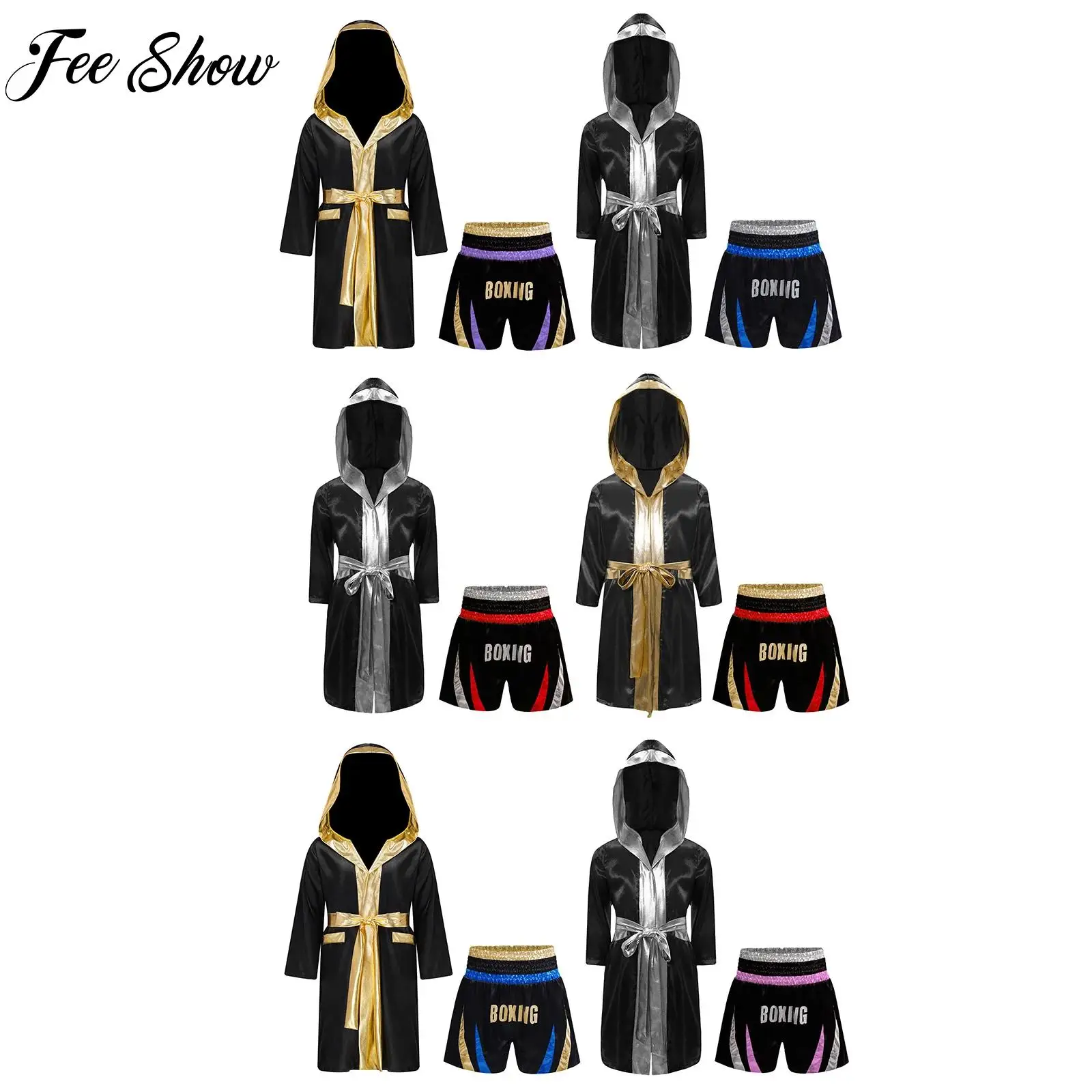 Unisex Children Boxing Robes Outfit Kids Girls Boys Muay Thai Hooded Robe with Shorts And Belt Set for Halloween Cosplay Party
Unisex Children Boxing Robes Outfit Kids Girls Boys Muay Thai Hooded Robe with Shorts And Belt Set for Halloween Cosplay Party