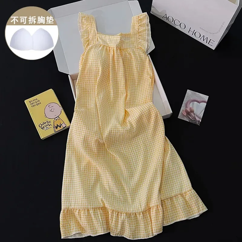 Women Yellow Gingham Nightdress Ruffle Strap Built-in Bra Summer Sleepwear Dress
Women Yellow Gingham Nightdress Ruffle Strap Built-in Bra Summer Sleepwear Dress