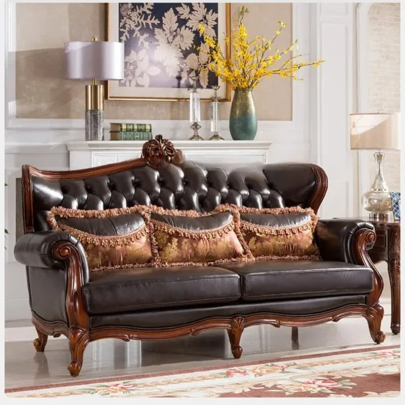 European living room leather sofa combination, retro solid wood leather art sofa
European living room leather sofa combination, retro solid wood leather art sofa
