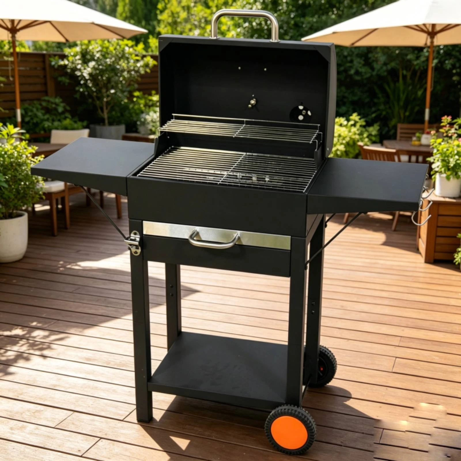 Wheeled Charcoal Barbecue Grill Side Shelves Trolley-Design Charcoal Grill Outdoor Cooking Upper Air Vent Chimney Temperature
Wheeled Charcoal Barbecue Grill Side Shelves Trolley-Design Charcoal Grill Outdoor Cooking Upper Air Vent Chimney Temperature