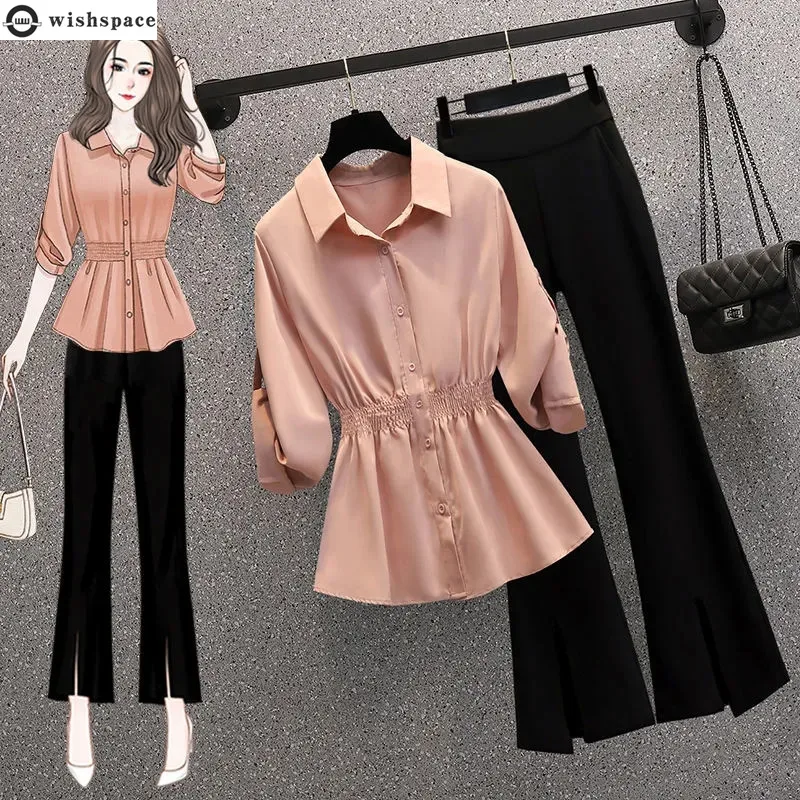Korean Waist Shirt Spring and Summer 2022 New Fashion Loose Top Micro Flare Pants Two Piece Elegant Women's Pants Set
Korean Waist Shirt Spring and Summer 2022 New Fashion Loose Top Micro Flare Pants Two Piece Elegant Women's Pants Set