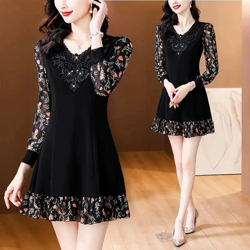 New Chiffon Temperament Mid-Long Slim A-line Skirt V Collar Slim Women Dress Gauze Flower Female Spring Autumn Dress Size 5XL
New Chiffon Temperament Mid-Long Slim A-line Skirt V Collar Slim Women Dress Gauze Flower Female Spring Autumn Dress Size 5XL
