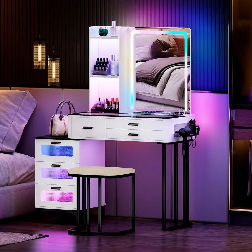 Lighted Vanity Desk with Glass Top, Wireless Charging, and Hair Dryer Holder - Grey Makeup Table for Girls' Bedroom, White
Lighted Vanity Desk with Glass Top, Wireless Charging, and Hair Dryer Holder - Grey Makeup Table for Girls' Bedroom, White