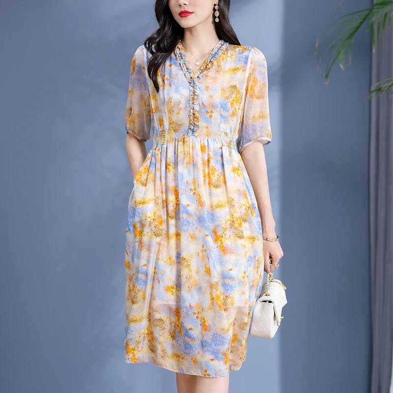 New 100% Real Silk Women's Print Dress Diamonds V-neck Half Sleeve Elegant Fashion Dresses For Women A-line Woman Long Dress
New 100% Real Silk Women's Print Dress Diamonds V-neck Half Sleeve Elegant Fashion Dresses For Women A-line Woman Long Dress