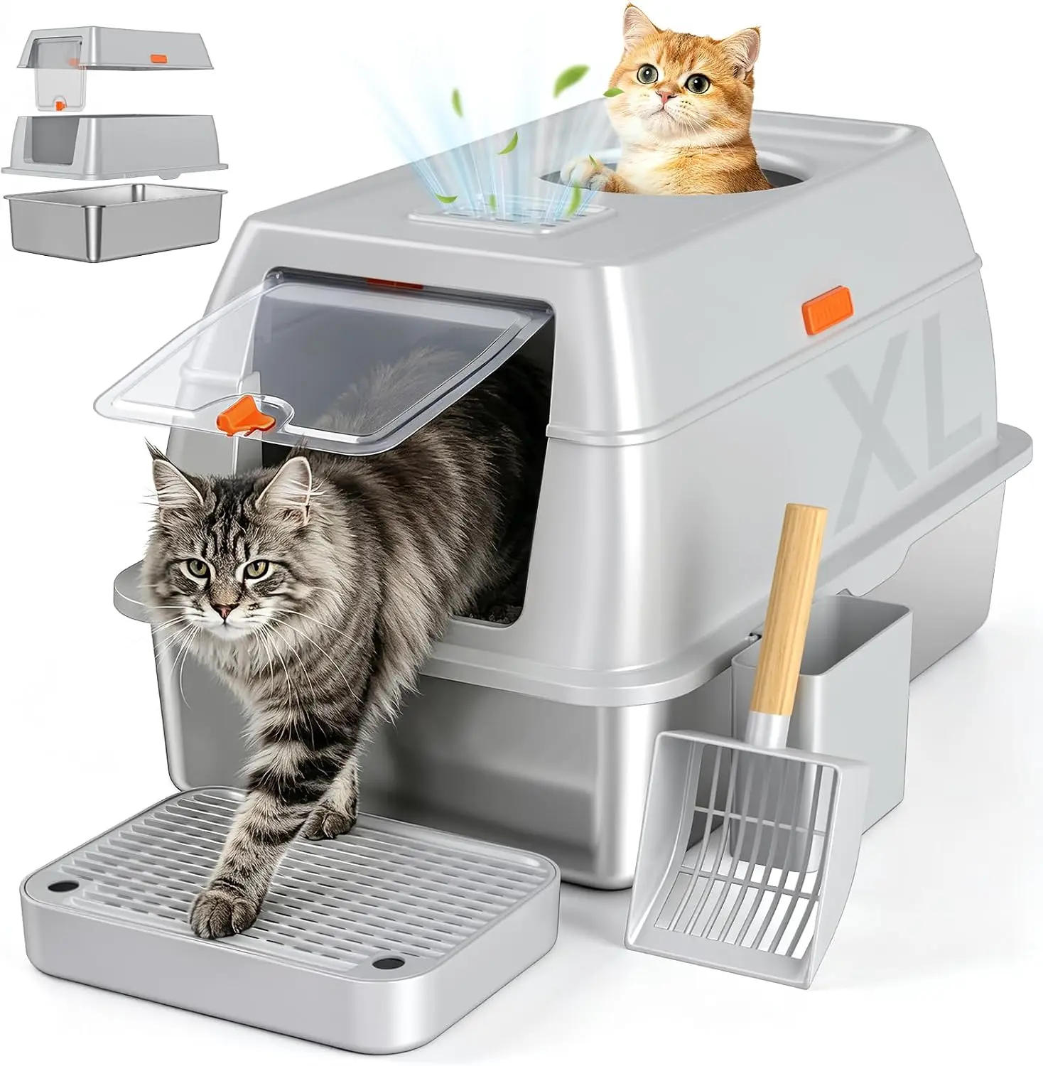 Jumbo Stainless Steel Cat Litter Box with Lid, High Sided, Dog Proof, Odor Control, Includes Scoop & Step, Light Gray
Jumbo Stainless Steel Cat Litter Box with Lid, High Sided, Dog Proof, Odor Control, Includes Scoop & Step, Light Gray