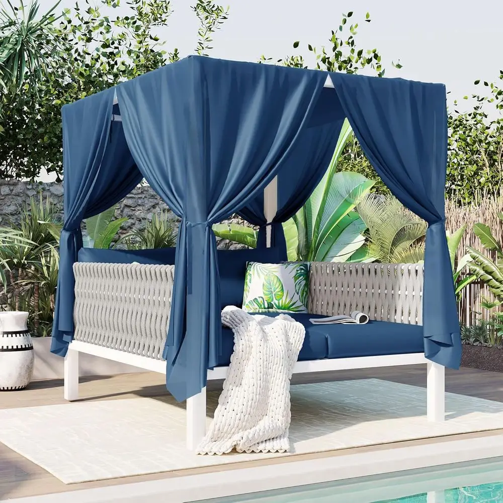 Outdoor Patio Sunbed with Blue Curtains,Outdoor Sun Lounger Bed with Pillows,Rubber Core Rope Weaving Outdoor Double Chaise Loun
Outdoor Patio Sunbed with Blue Curtains,Outdoor Sun Lounger Bed with Pillows,Rubber Core Rope Weaving Outdoor Double Chaise Loun