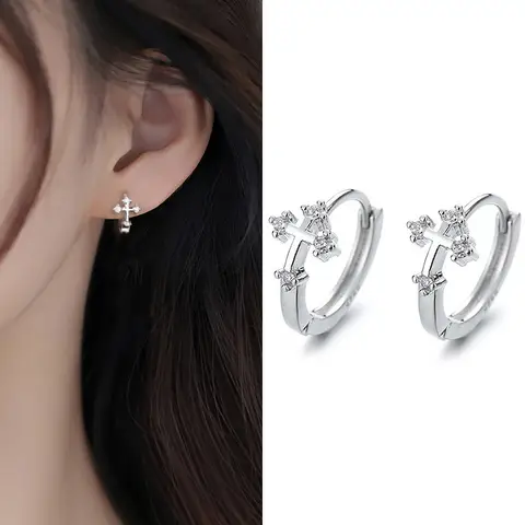 A Girl 1Pair Silver Color Cross Ear Hoop Earrings for Men and Women Couples Personality Zircon Ear Buckle Punk Jewelry