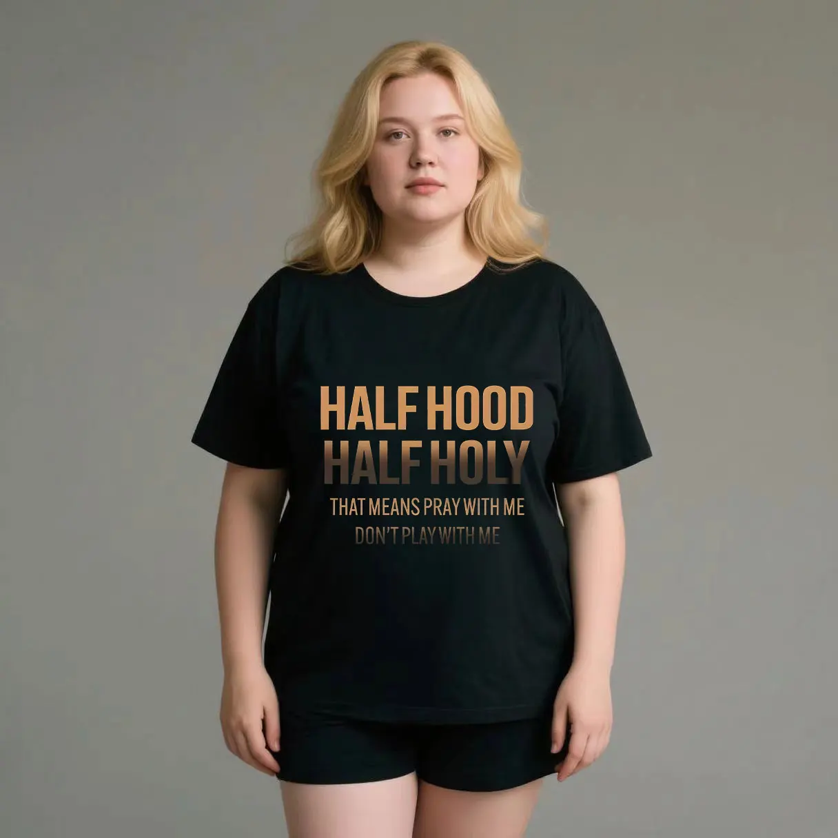Gradient color English letter print plus size Ladies' casual short sleeved T-shirt black
Gradient color English letter print plus size Ladies' casual short sleeved T-shirt black