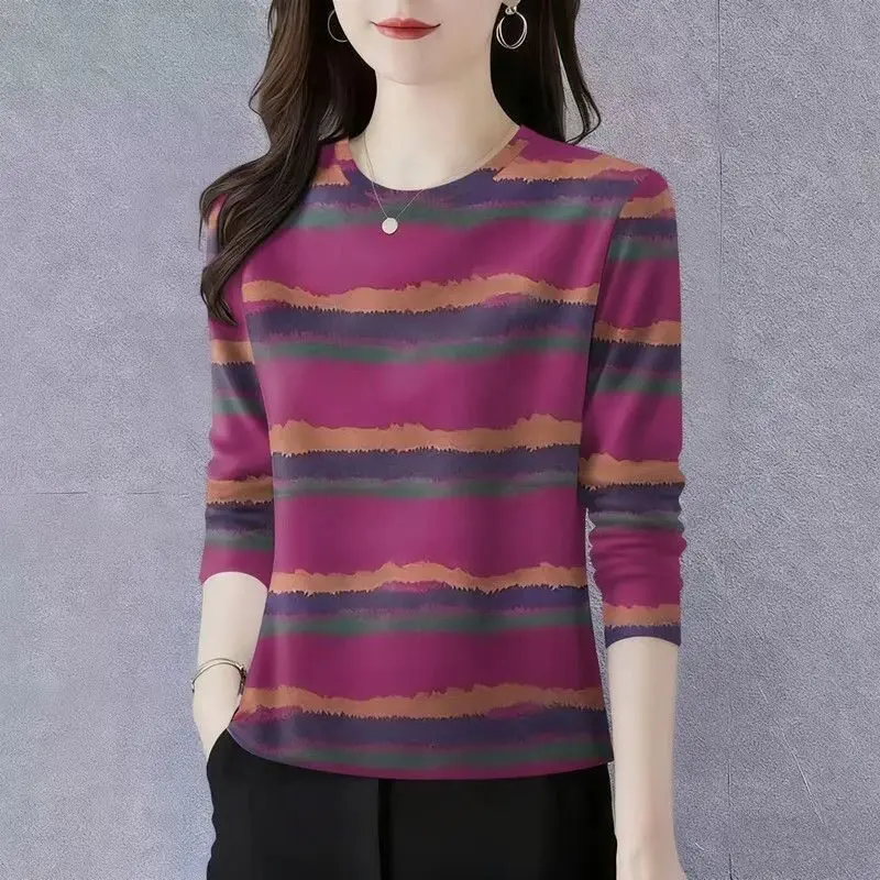 Elegant Stripe Long Sleeve round Neck Top Women's Fashionable Mommy Clothes Versatile Base Shirt Casual Style Polyester Fiber
Elegant Stripe Long Sleeve round Neck Top Women's Fashionable Mommy Clothes Versatile Base Shirt Casual Style Polyester Fiber