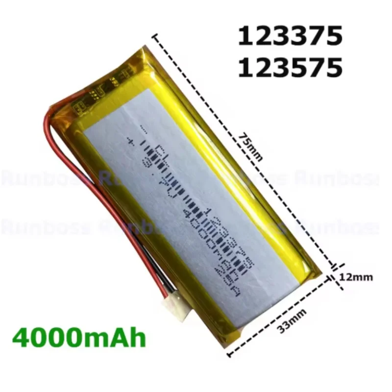 123375 3.7V 4000mAh Li-Polymer Replacement Li Lipo Battery JST 2Pin 1.0/1.25/1.5/2.0/2.54mm Connector For GPS Camera LED
123375 3.7V 4000mAh Li-Polymer Replacement Li Lipo Battery JST 2Pin 1.0/1.25/1.5/2.0/2.54mm Connector For GPS Camera LED