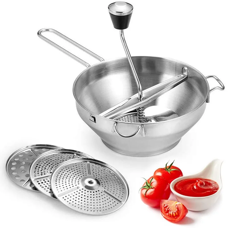 Stainless Steel Food Mills with 3 Milling Discs Ergonomic Design of Rotary Food Mills for Tomato Sauce Potatoes Jams
Stainless Steel Food Mills with 3 Milling Discs Ergonomic Design of Rotary Food Mills for Tomato Sauce Potatoes Jams