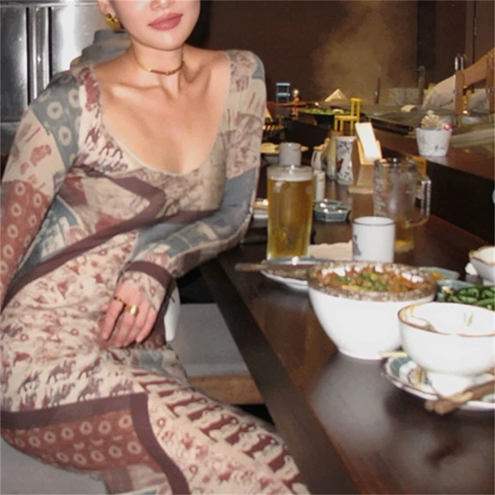 Vintage Print Women's O-neck Long Sleeve Dress Slim Fit Elegant Female Holiday Vacation Long Dresses 
Vintage Print Women's O-neck Long Sleeve Dress Slim Fit Elegant Female Holiday Vacation Long Dresses
