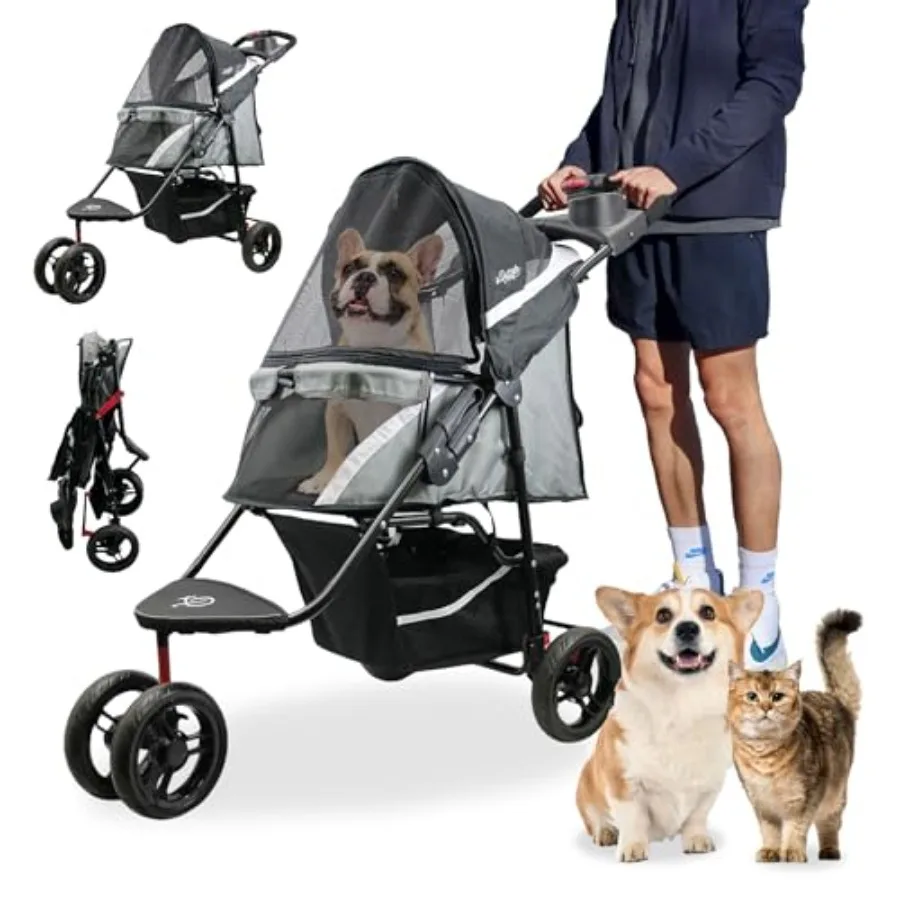 Durable pet stroller for small/medium dogs and cats, polyester mesh windows, gray, easy-fold design with large storage basket a
Durable pet stroller for small/medium dogs and cats, polyester mesh windows, gray, easy-fold design with large storage basket a