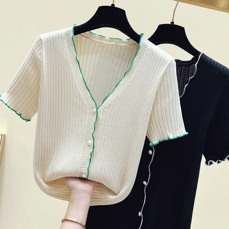 Summer Striped Knitted Sweater Women Ice Silk Thin V-neck Vintage Elegant Cardigan Tops Short Sleeve Stylish Fashion Knitwear
Summer Striped Knitted Sweater Women Ice Silk Thin V-neck Vintage Elegant Cardigan Tops Short Sleeve Stylish Fashion Knitwear