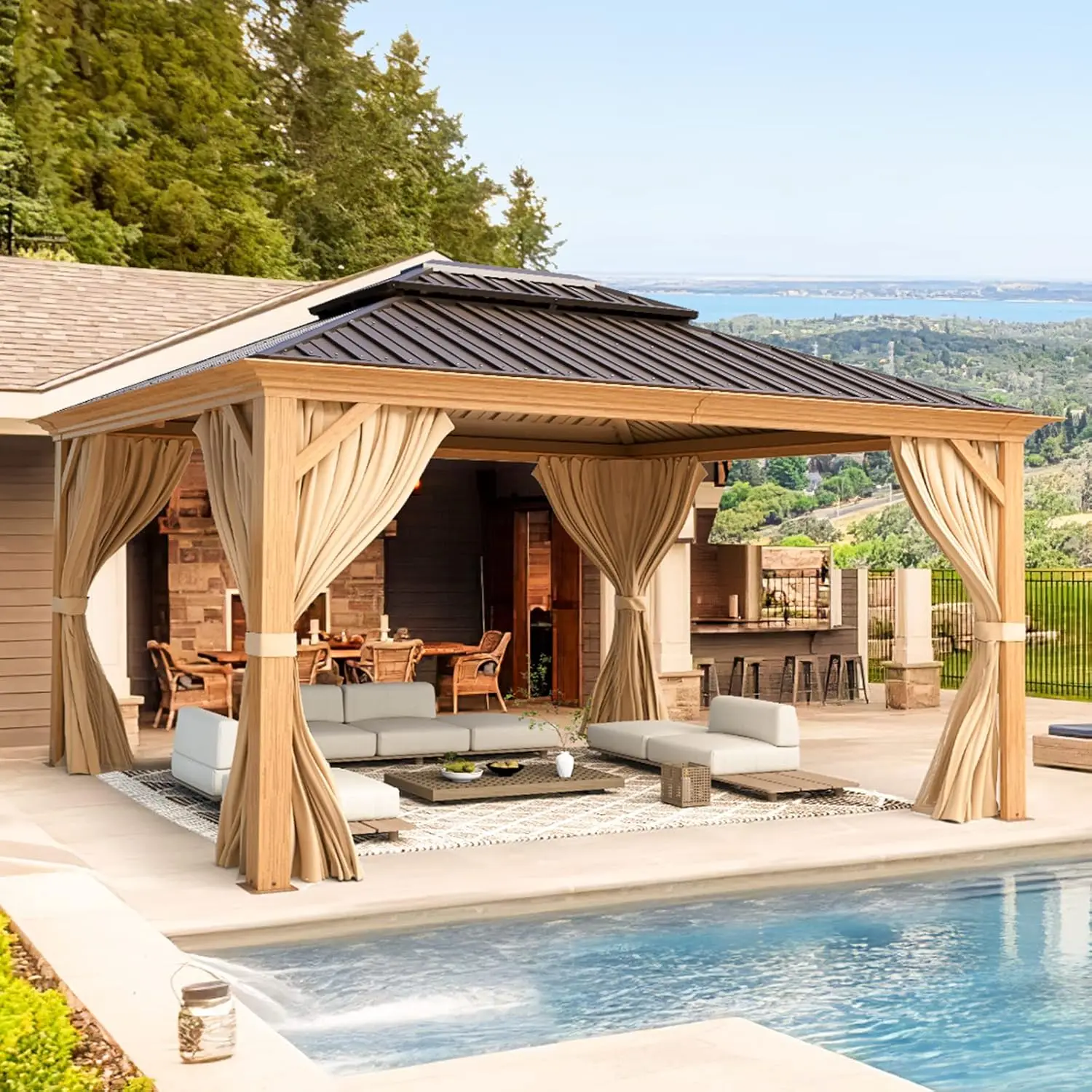 10'x12' Hardtop Gazebo, Wooden Finish Coated Aluminum Frame Canopy with Galvanized Steel Roof, Outdoor Metal, Customized
10'x12' Hardtop Gazebo, Wooden Finish Coated Aluminum Frame Canopy with Galvanized Steel Roof, Outdoor Metal, Customized