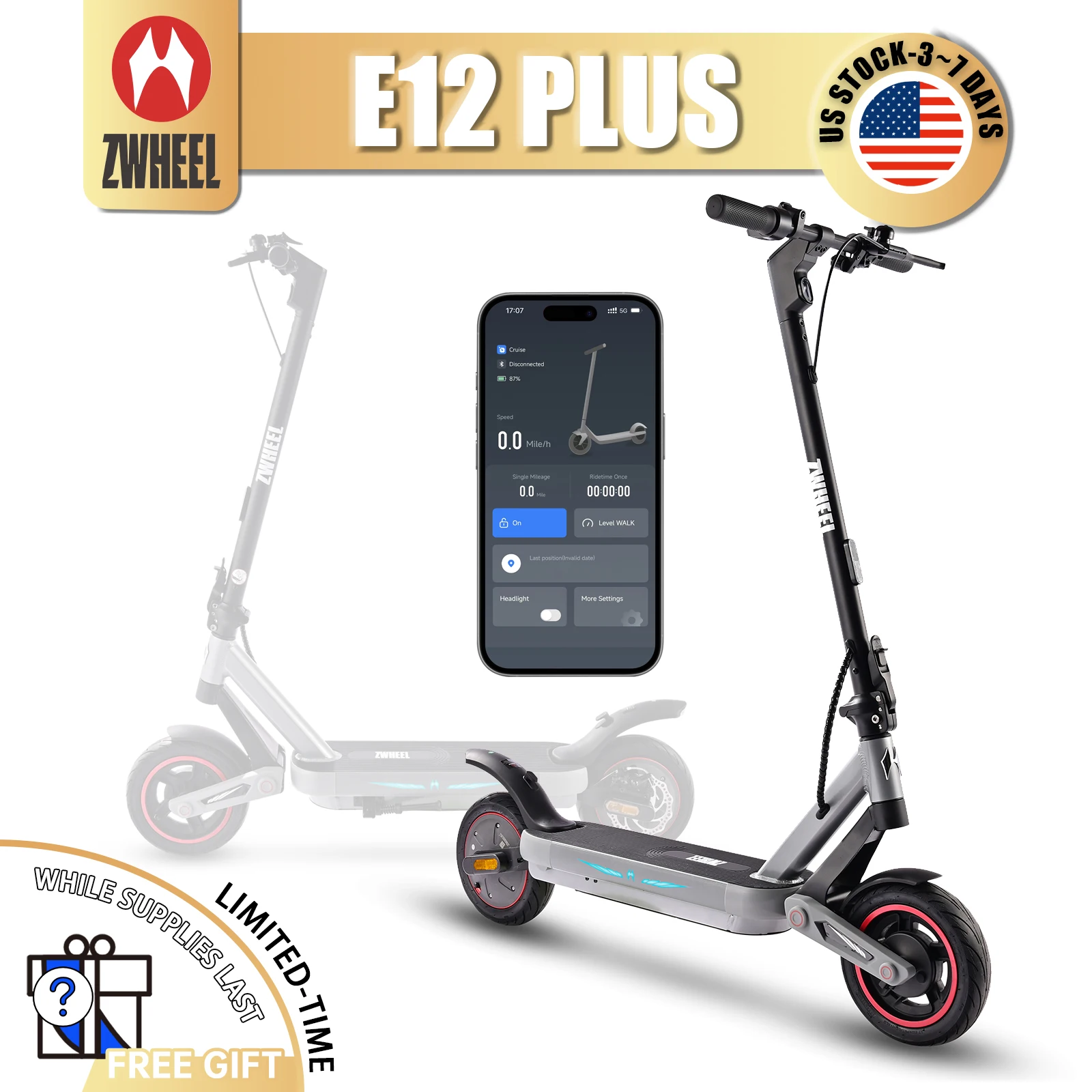 ZWHEEL E12 PLUS Electric Scooter Rear Motor 800W Peak 25 MPH Top Speed 18 Miles Range 36V10Ah Battery 10'' Off-Road Tires Front Rear Dual Suspension Rear Disc Brakes and EABS Bluetooth Connection Hands-Free Unlock 4Modes Daily City Commuting Escooter
ZWHEEL E12 PLUS Electric Scooter Rear Motor 800W Peak 25 MPH Top Speed 18 Miles Range 36V10Ah Battery 10'' Off-Road Tires Front Rear Dual Suspension Rear Disc Brakes and EABS Bluetooth Connection Hands-Free Unlock 4Modes Daily City Commuting Escooter