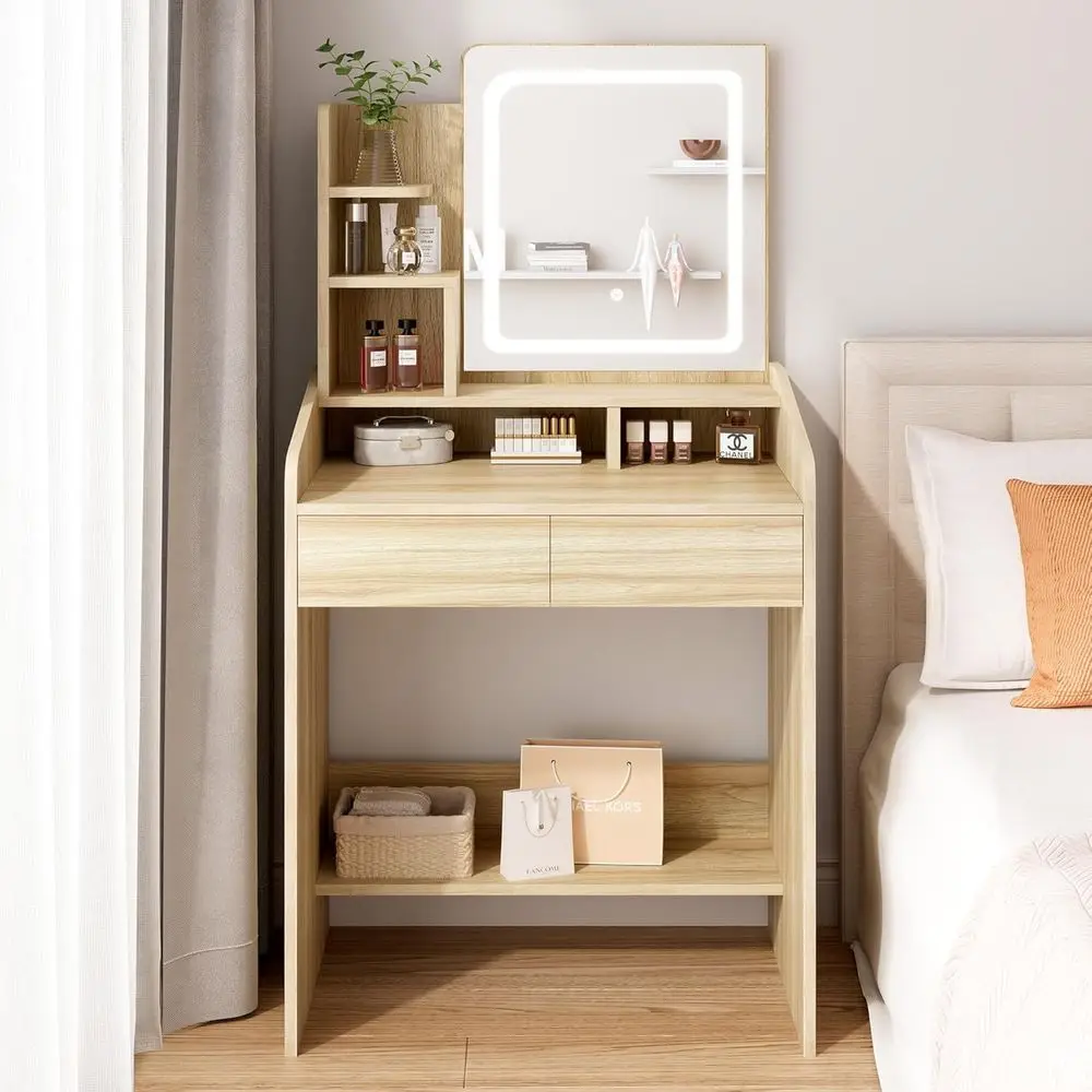 Compact LED Mirror Vanity Desk with Wooden Open Shelves for Makeup and Bedroom Use
Compact LED Mirror Vanity Desk with Wooden Open Shelves for Makeup and Bedroom Use