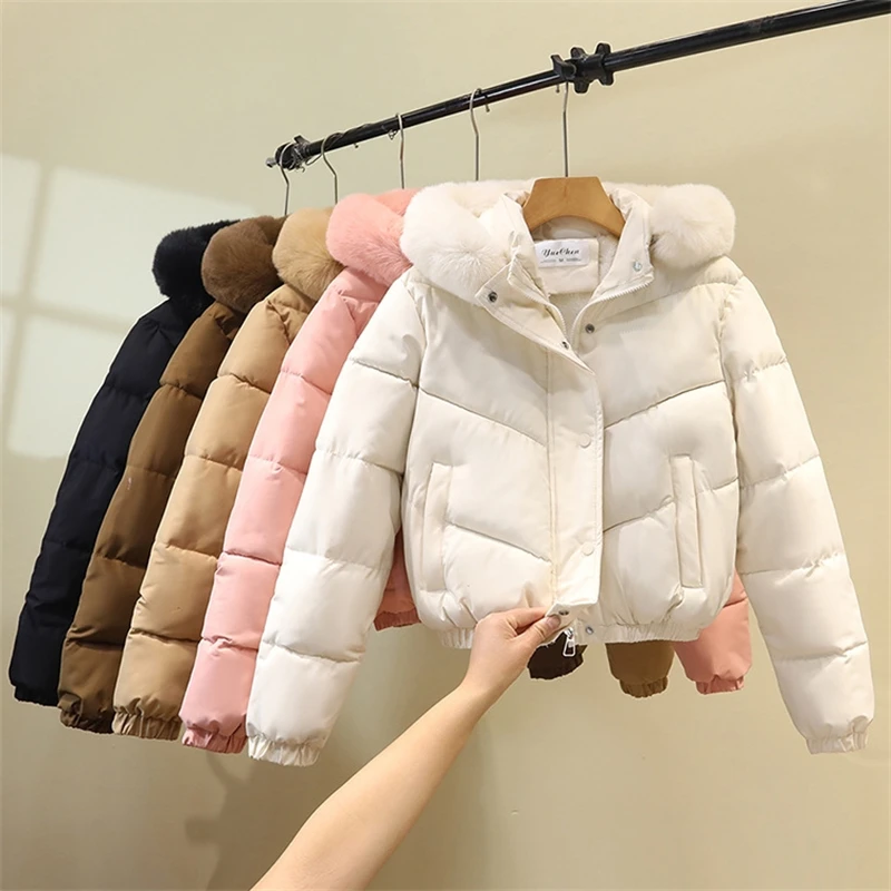 Short Cotton Padded Jackets Hooded Fur Collar Thick Warm Loose Women's Parkas Winter Student Coats Long Sleeve Solid Casual Wear
Short Cotton Padded Jackets Hooded Fur Collar Thick Warm Loose Women's Parkas Winter Student Coats Long Sleeve Solid Casual Wear