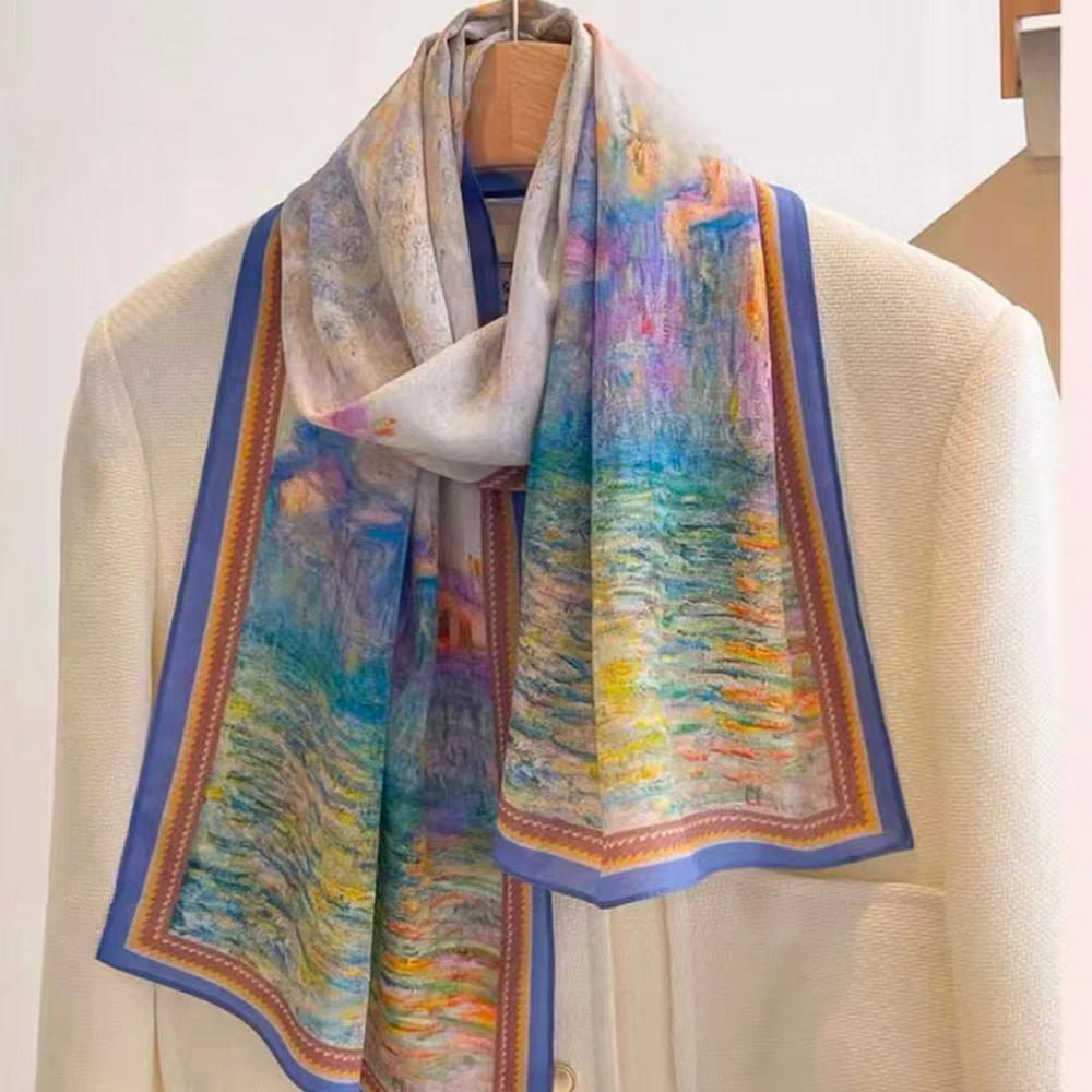 Purple Blue 100% Mulberry Silk Scarf Shawl Fall Winter Elegant Oil Painting Long Scarves Wraps Women Summer Beach Shawl 150*35cm
Purple Blue 100% Mulberry Silk Scarf Shawl Fall Winter Elegant Oil Painting Long Scarves Wraps Women Summer Beach Shawl 150*35cm