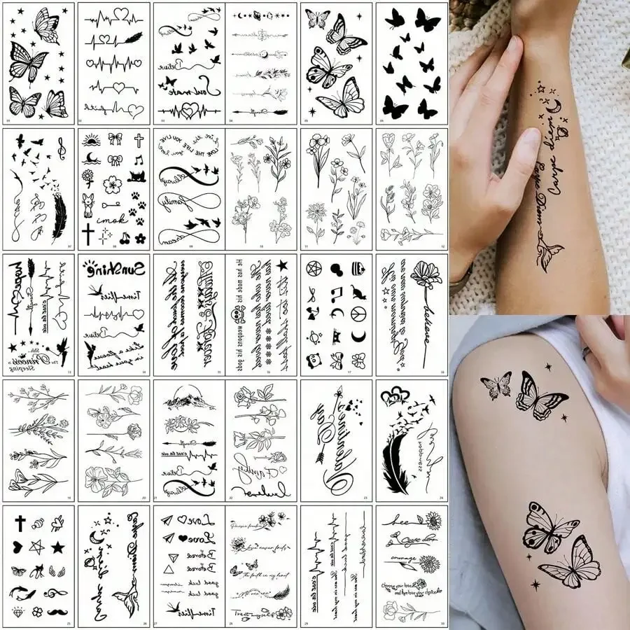 30 Sheets Temporary Tattoo Stickers With Black Heart, EKG, Butterfly, Line Drawing, Flower, Feather, Moon And Letter Patterns For Women, Which Are Waterproof And Suitable For Party Makeup, Applied To Fingers, Wrists And Collarbones. YFUR
30 Sheets Temporary Tattoo Stickers With Black Heart, EKG, Butterfly, Line Drawing, Flower, Feather, Moon And Letter Patterns For Women, Which Are Waterproof And Suitable For Party Makeup, Applied To Fingers, Wrists And Collarbones. YFUR