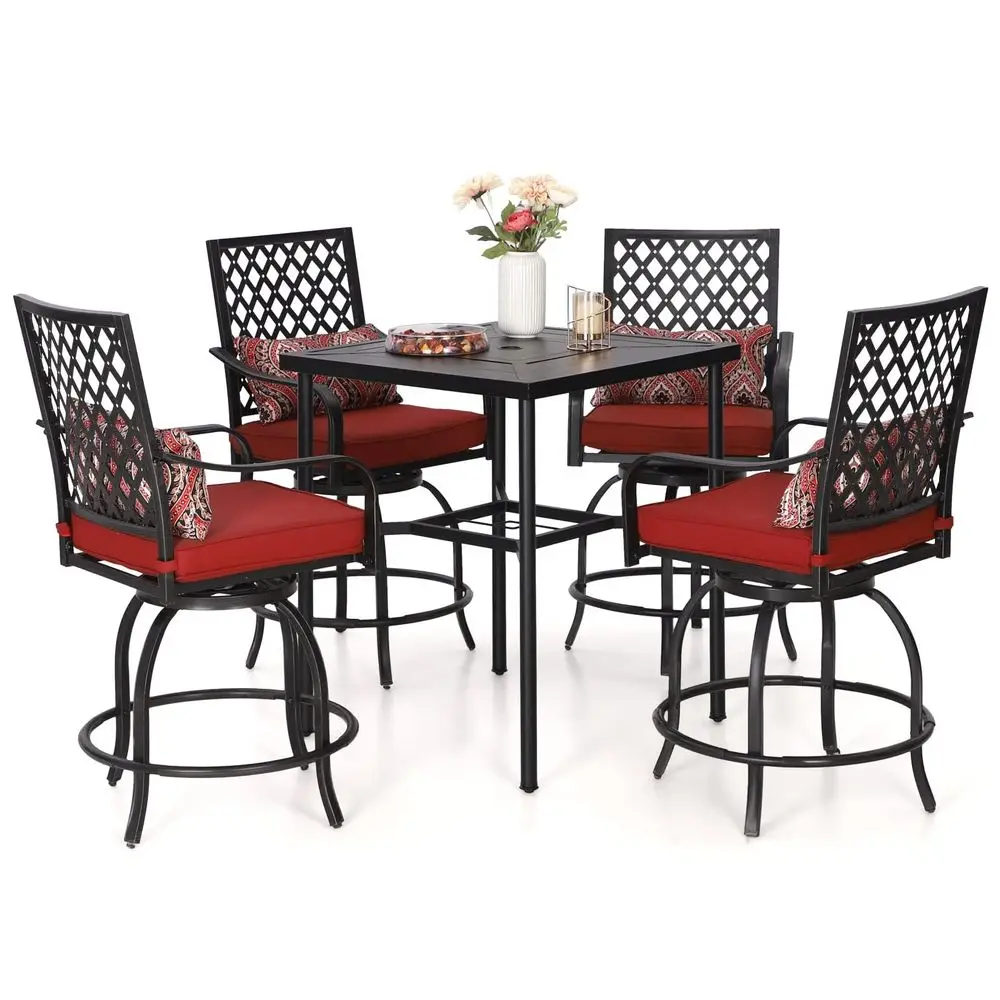 Patio Bar Set 5 Piece Outdoor High Dining Table and Chairs, Metal Furniture Set with 4 Swivel Bar Stools with Red Cushion and 1
Patio Bar Set 5 Piece Outdoor High Dining Table and Chairs, Metal Furniture Set with 4 Swivel Bar Stools with Red Cushion and 1