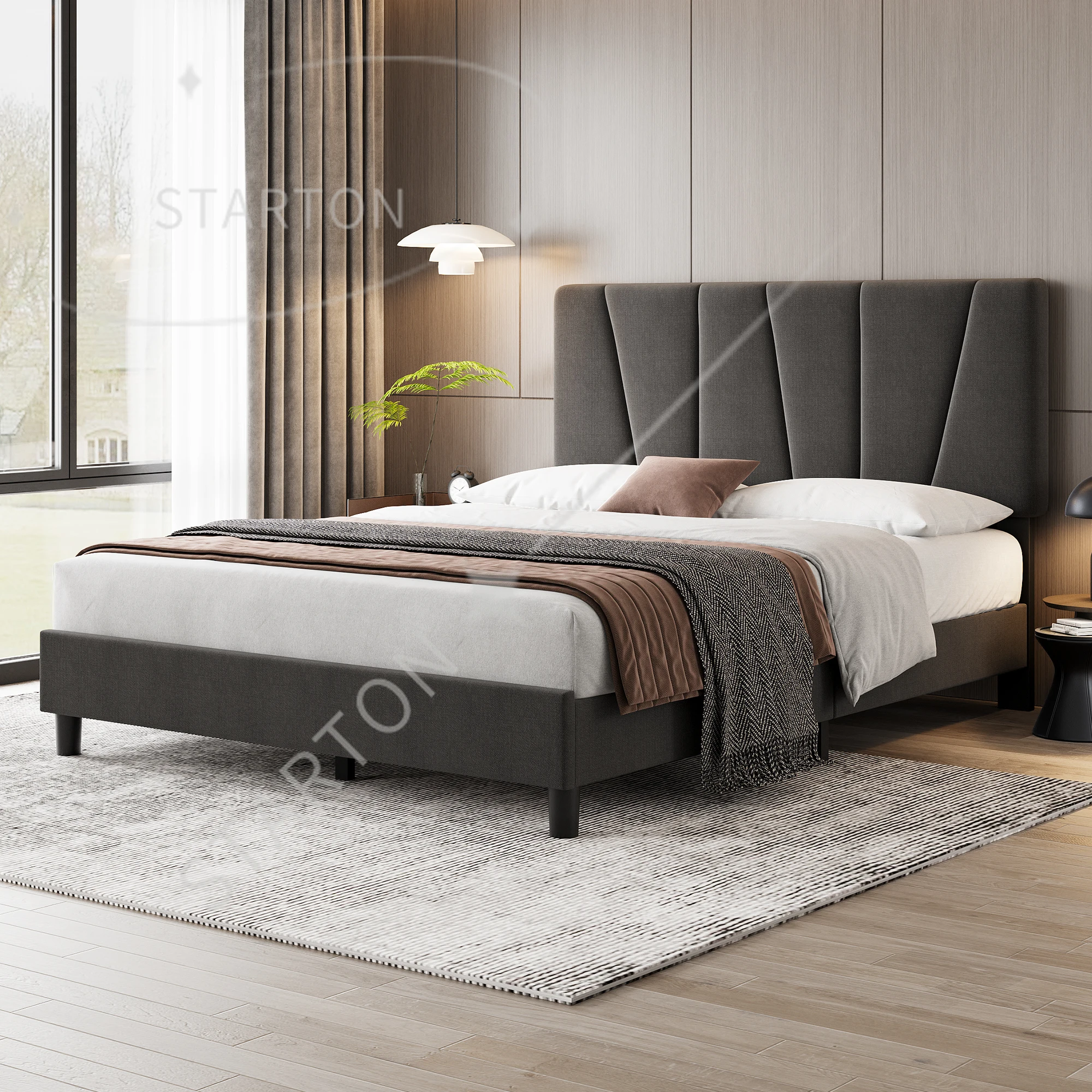 Bed Frame, Linen Upholstered Platform Bed With Adjustable Diagonal Channel Tufted Headboard
Bed Frame, Linen Upholstered Platform Bed With Adjustable Diagonal Channel Tufted Headboard