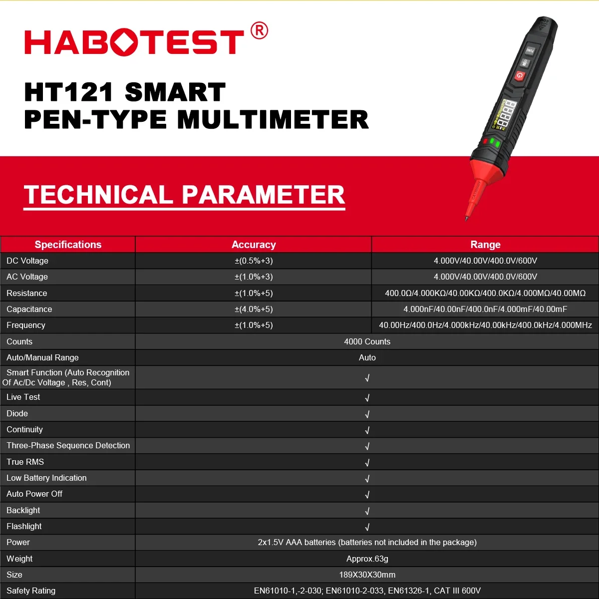 HABOTEST HT121 цифровой мультиметр-ручка, умный тестер напряжения, вольтметр, автоматический диапазон, сопротивление, емкость, истинное среднеквадратичное значение, мультиметр
HABOTEST HT121 цифровой мультиметр-ручка, умный тестер напряжения, вольтметр, автоматический диапазон, сопротивление, емкость, истинное среднеквадратичное значение, мультиметр