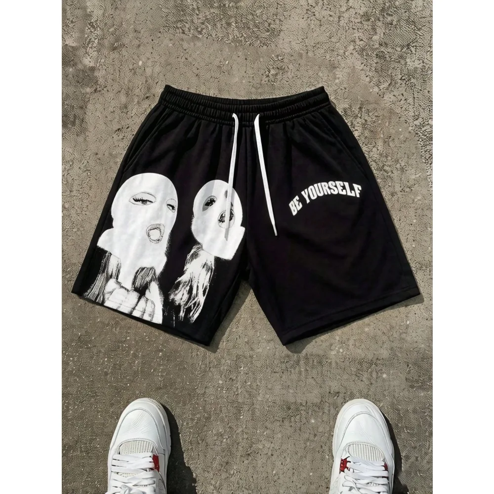 American High Street Dark Street Style Black Shorts For Men, Summer Masked Portrait BE YOURSELF Slogan Print Loose Drawstring Shorts
American High Street Dark Street Style Black Shorts For Men, Summer Masked Portrait BE YOURSELF Slogan Print Loose Drawstring Shorts
